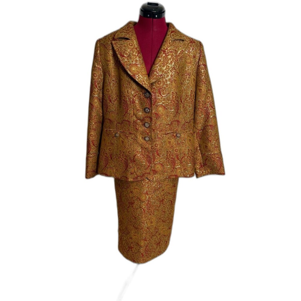 Moshita Couture Skirt Suit Size 16 Red & Gold Paisley 2-Piece Set Blazer & Skirt